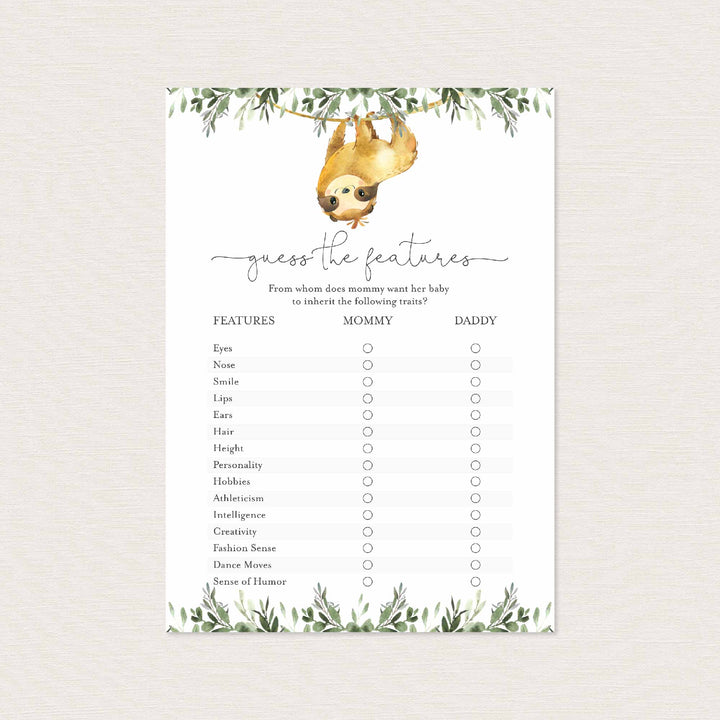 Sloth Baby Shower Guess The Features Game Printable