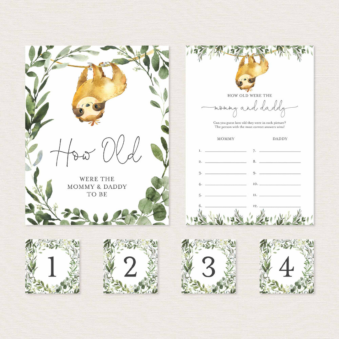 Sloth Baby Shower How Old Were The Mummy and Daddy To Be Game Printable