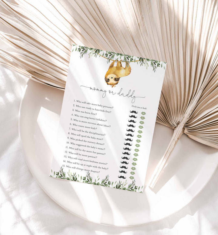 Sloth Baby Shower Mummy or Daddy Game Printable