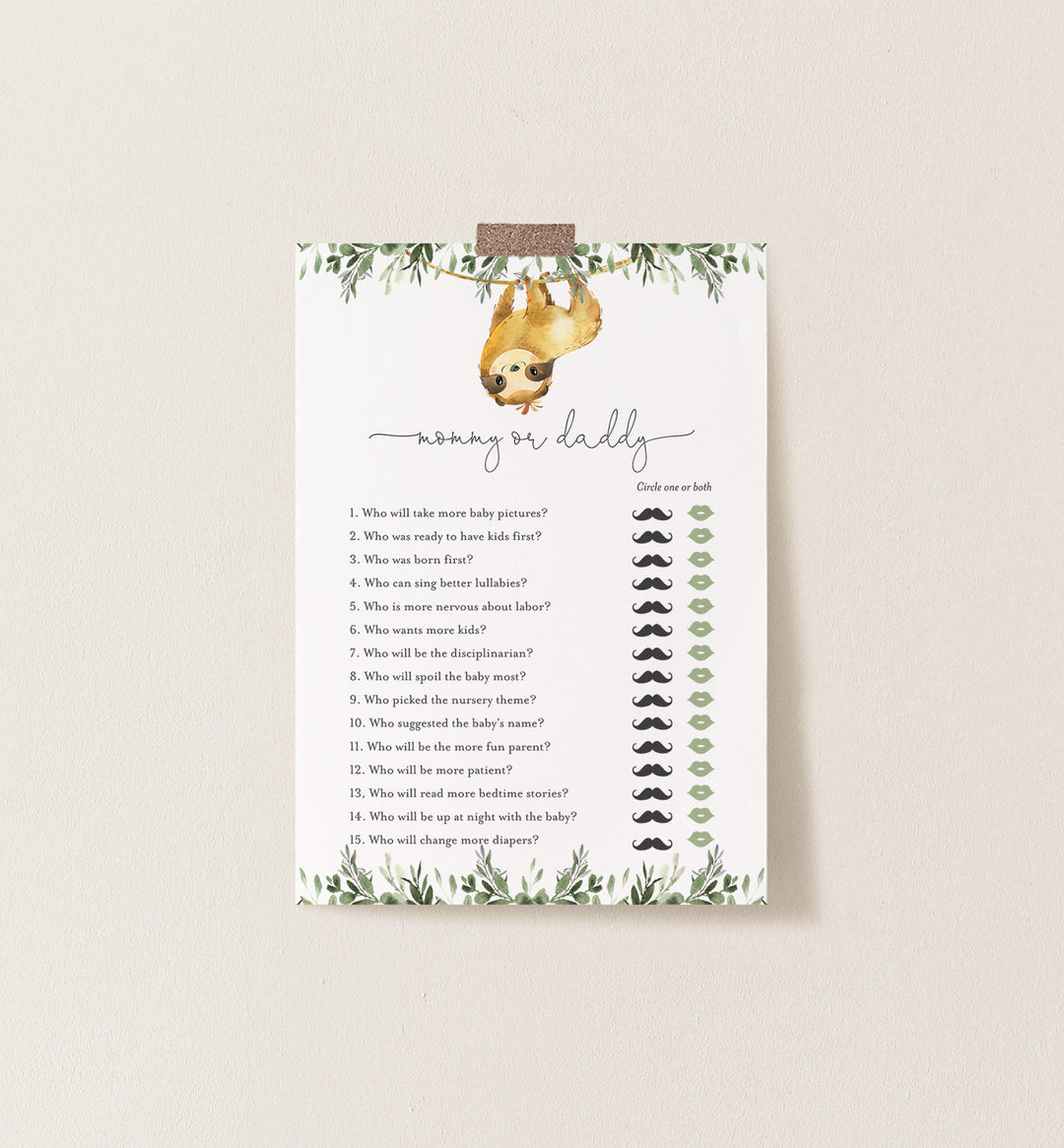 Sloth Baby Shower Mummy or Daddy Game Printable