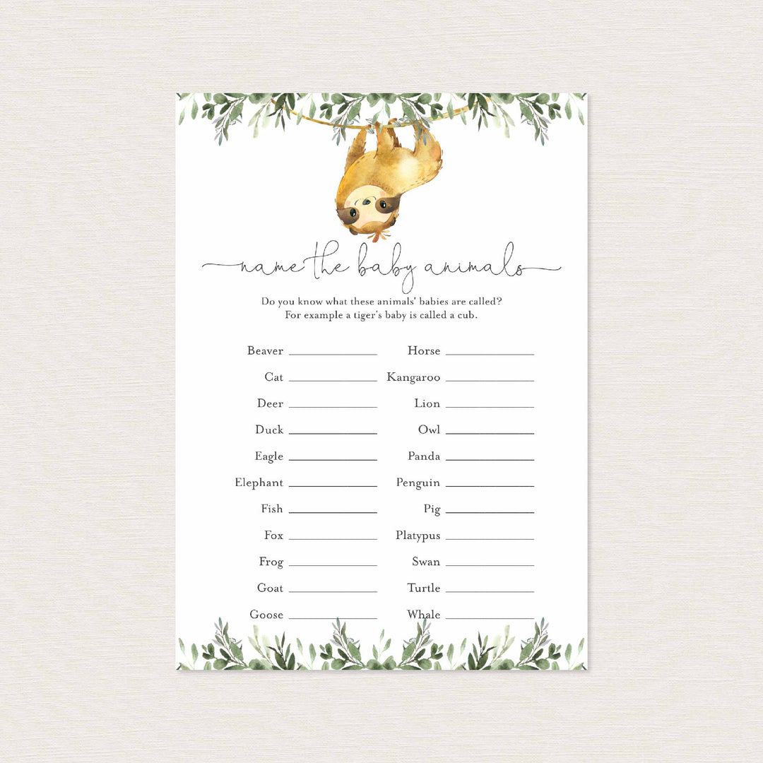 Sloth Baby Shower Name The Baby Animals Game Printable
