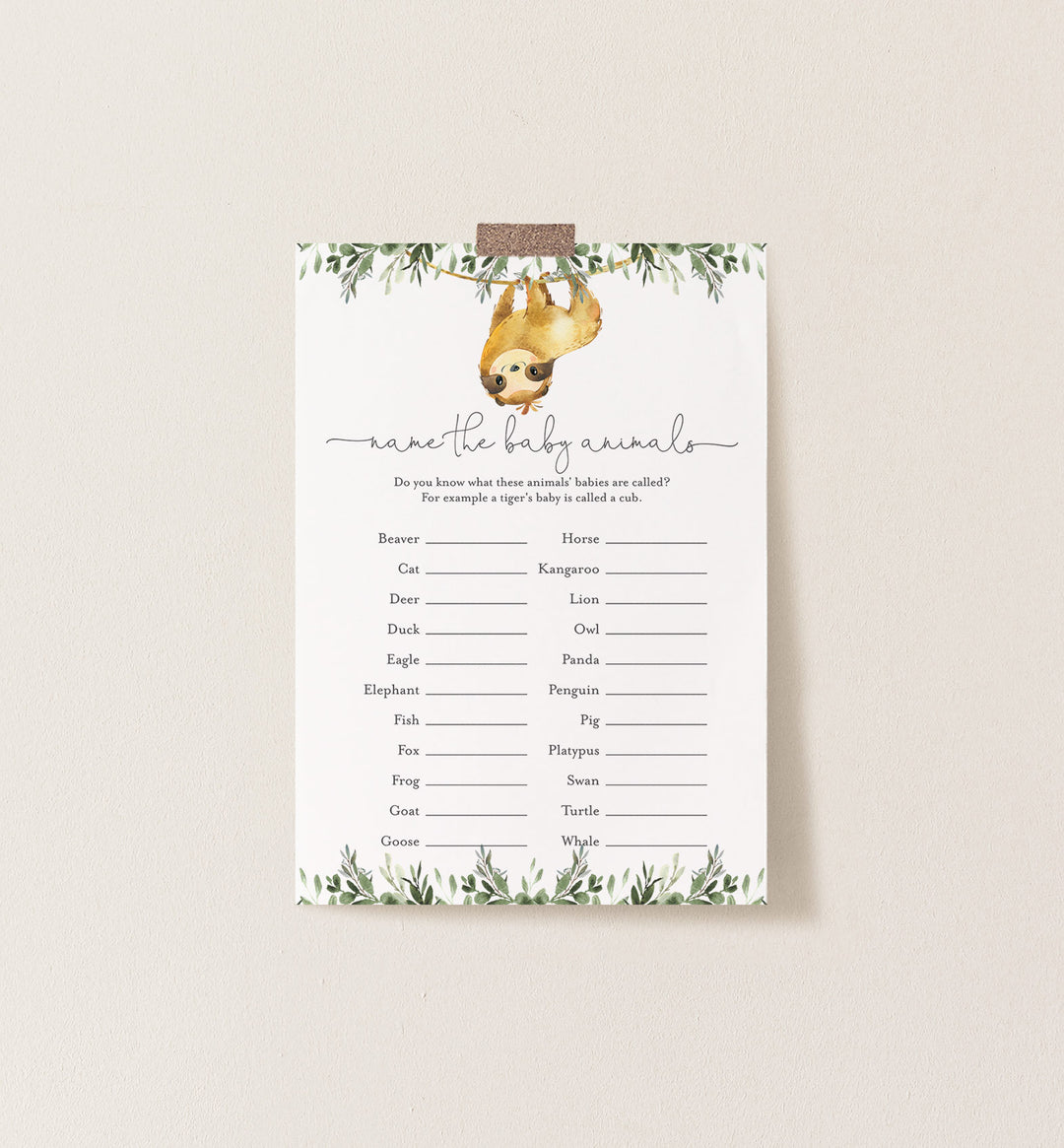 Sloth Baby Shower Name The Baby Animals Game Printable