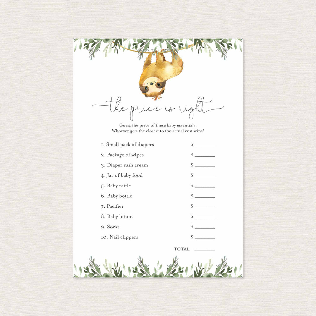 Sloth Baby Shower The Price Is Right Game Printable