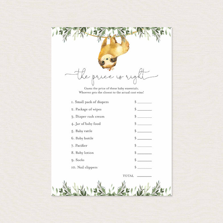 Sloth Baby Shower The Price Is Right Game Printable