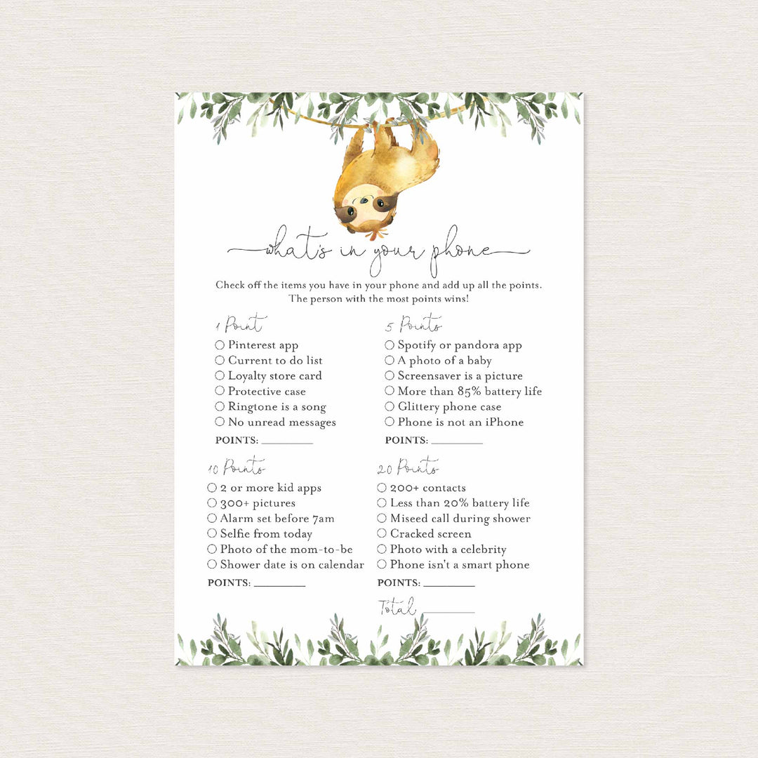 Sloth Baby Shower What's In Your Phone Game Printable