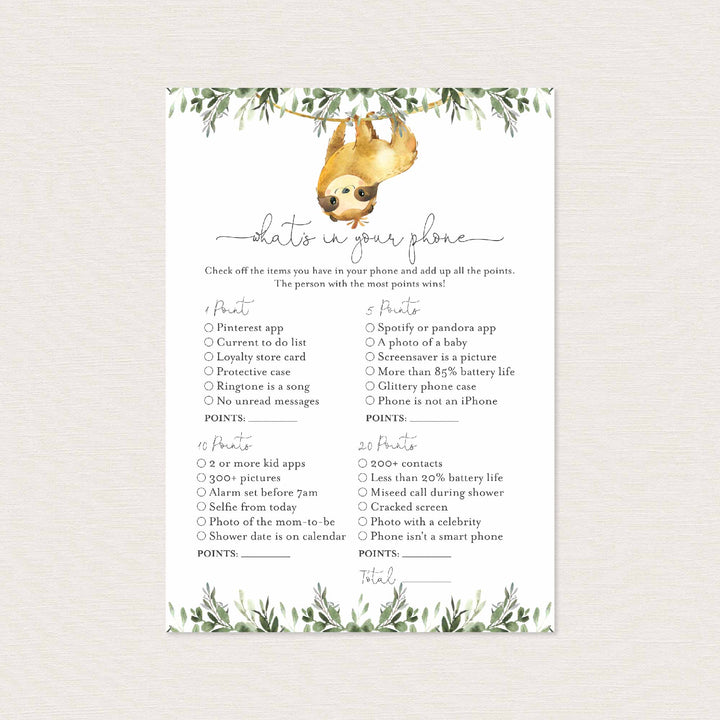 Sloth Baby Shower What's In Your Phone Game Printable