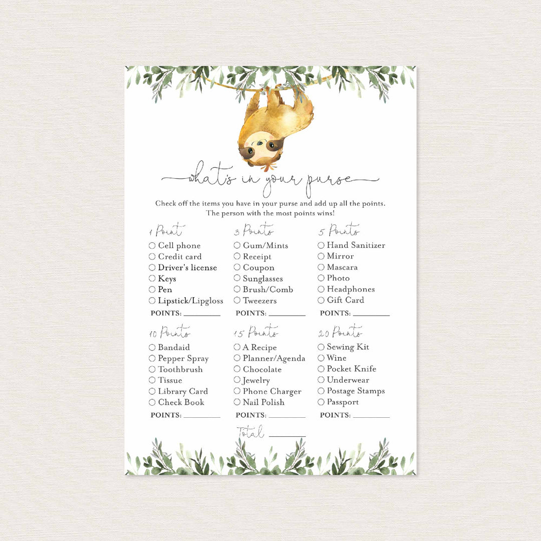 Sloth Baby Shower What's In Your Purse Game Printable