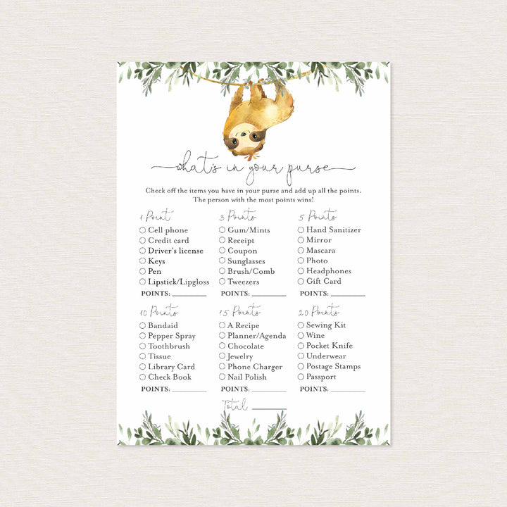 Sloth Baby Shower What's In Your Purse Game Printable
