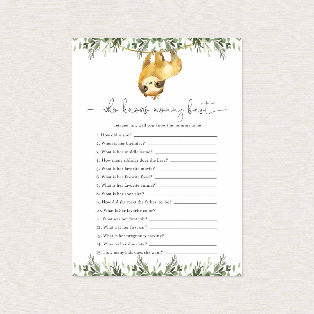 Sloth Baby Shower Who Knows Mummy Best Game Printable