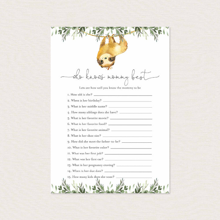 Sloth Baby Shower Who Knows Mummy Best Game Printable