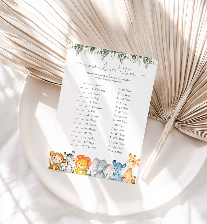 Jungle Animals Baby Shower Animal Gestation Game Printable