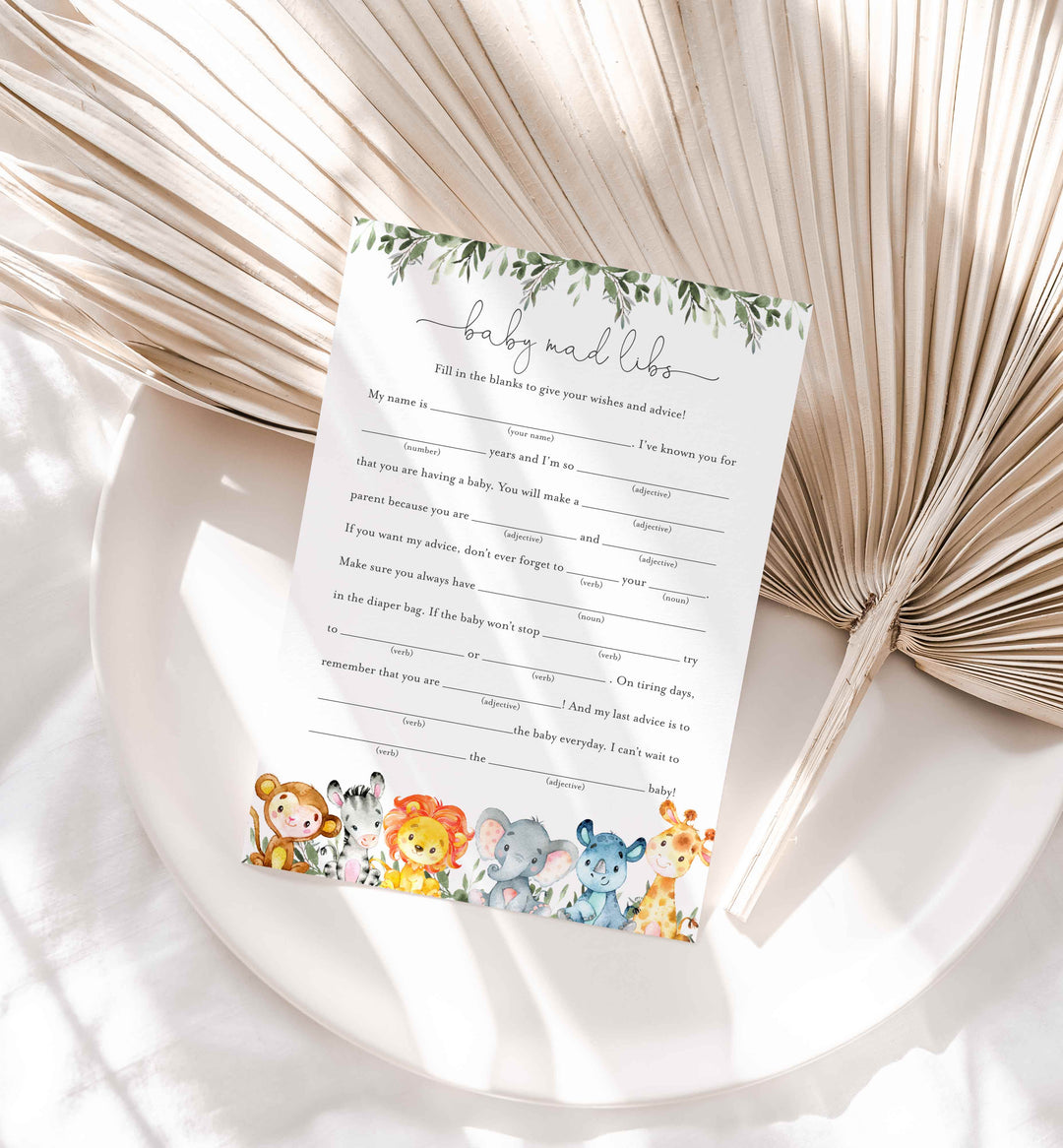 Jungle Animals Baby Shower Mad Libs Printable