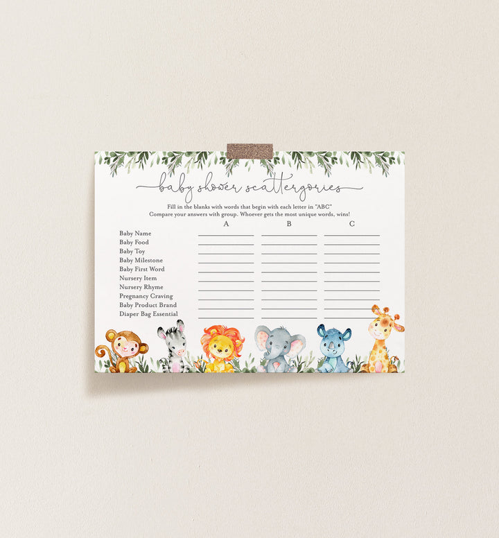 Jungle Animals Baby Shower Scattergories Game Printable