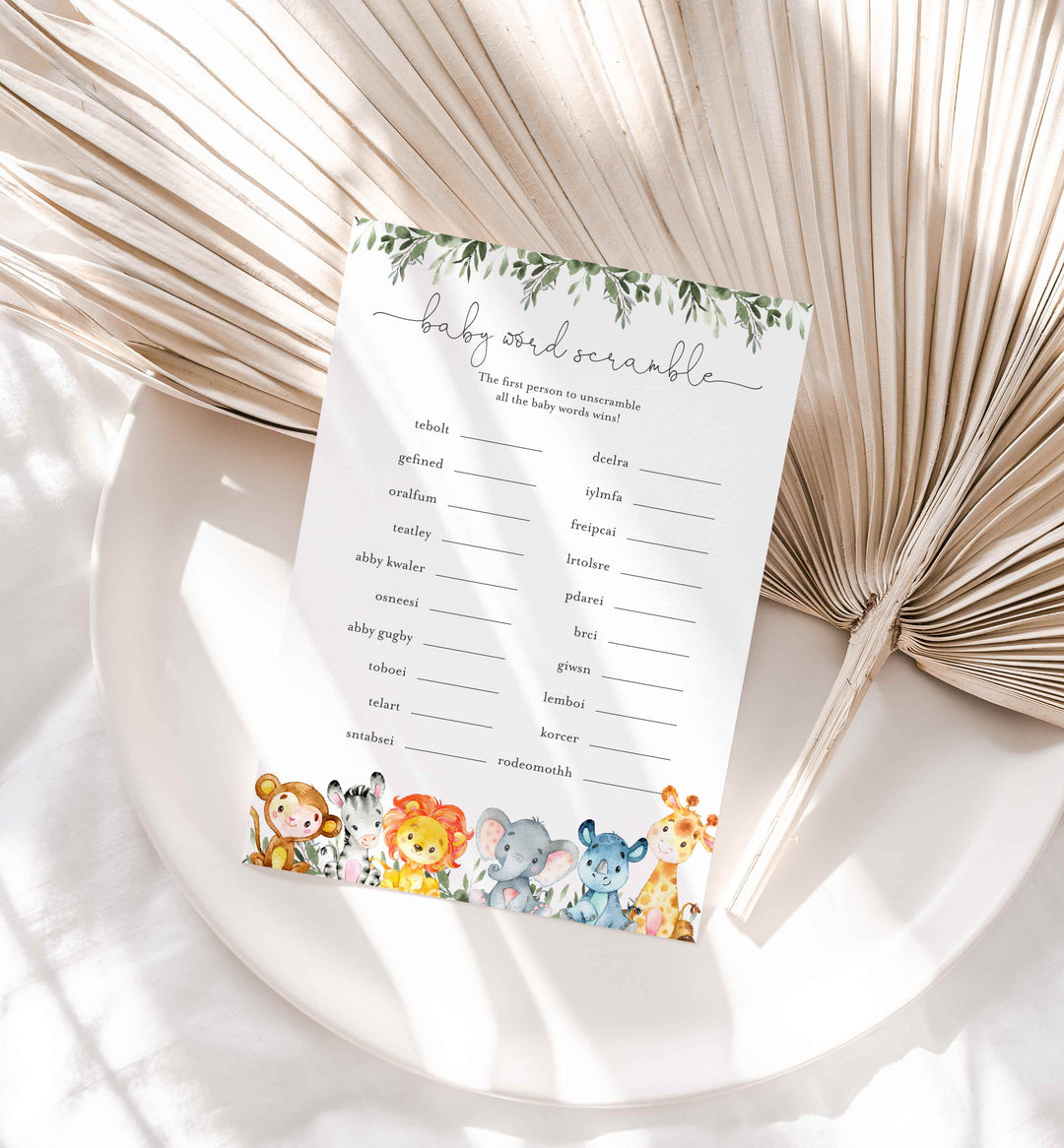 Jungle Animals Baby Shower Word Scramble Game Printable