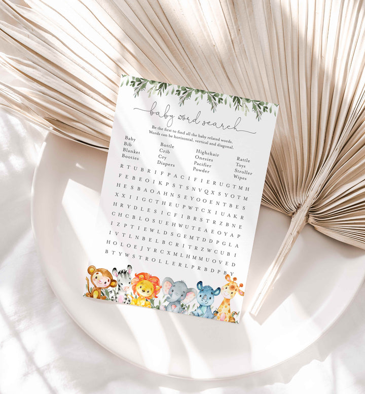 Jungle Animals Baby Shower Word Search Game Printable