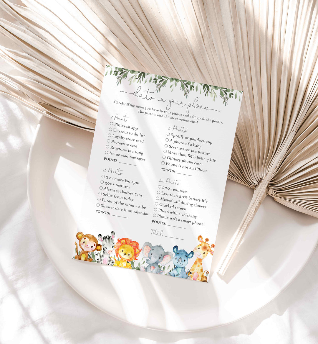 Jungle Animals Baby Shower What's In Your Phone Game Printable