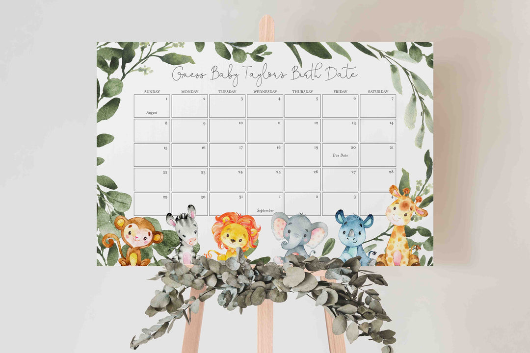 Jungle Animals Baby Shower Due Date Calendar Printable