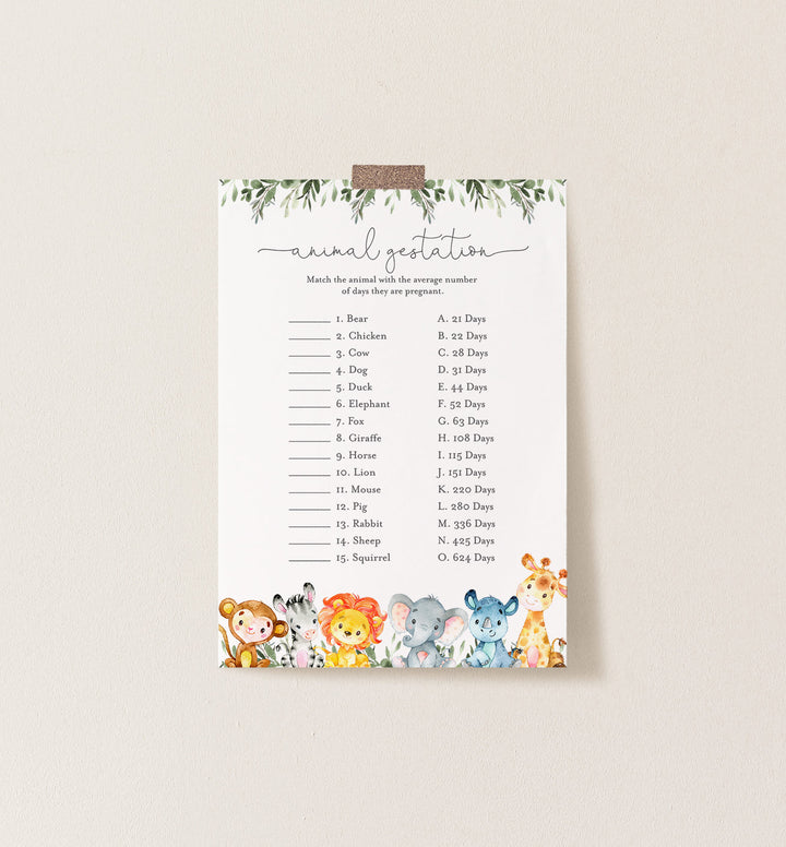 Jungle Animals Baby Shower Animal Gestation Game Printable