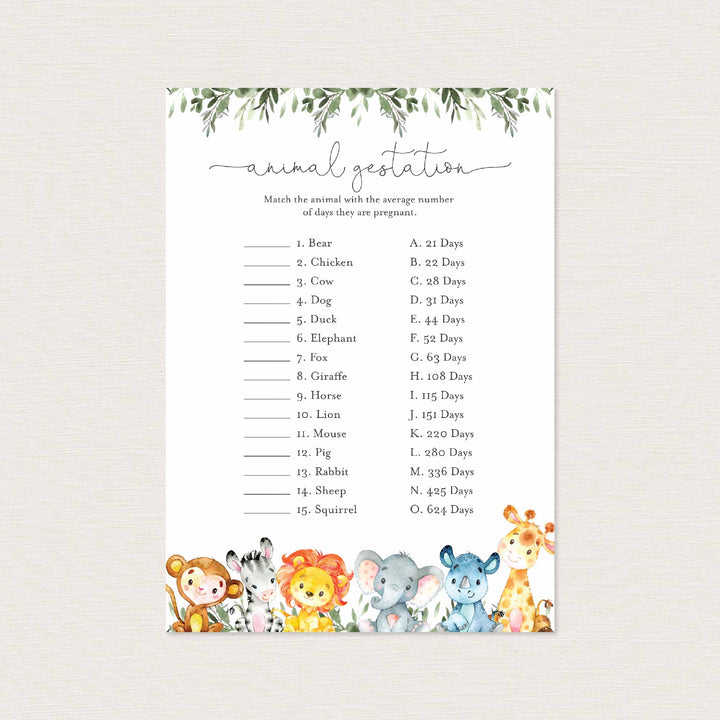 Jungle Animals Baby Shower Animal Gestation Game Printable