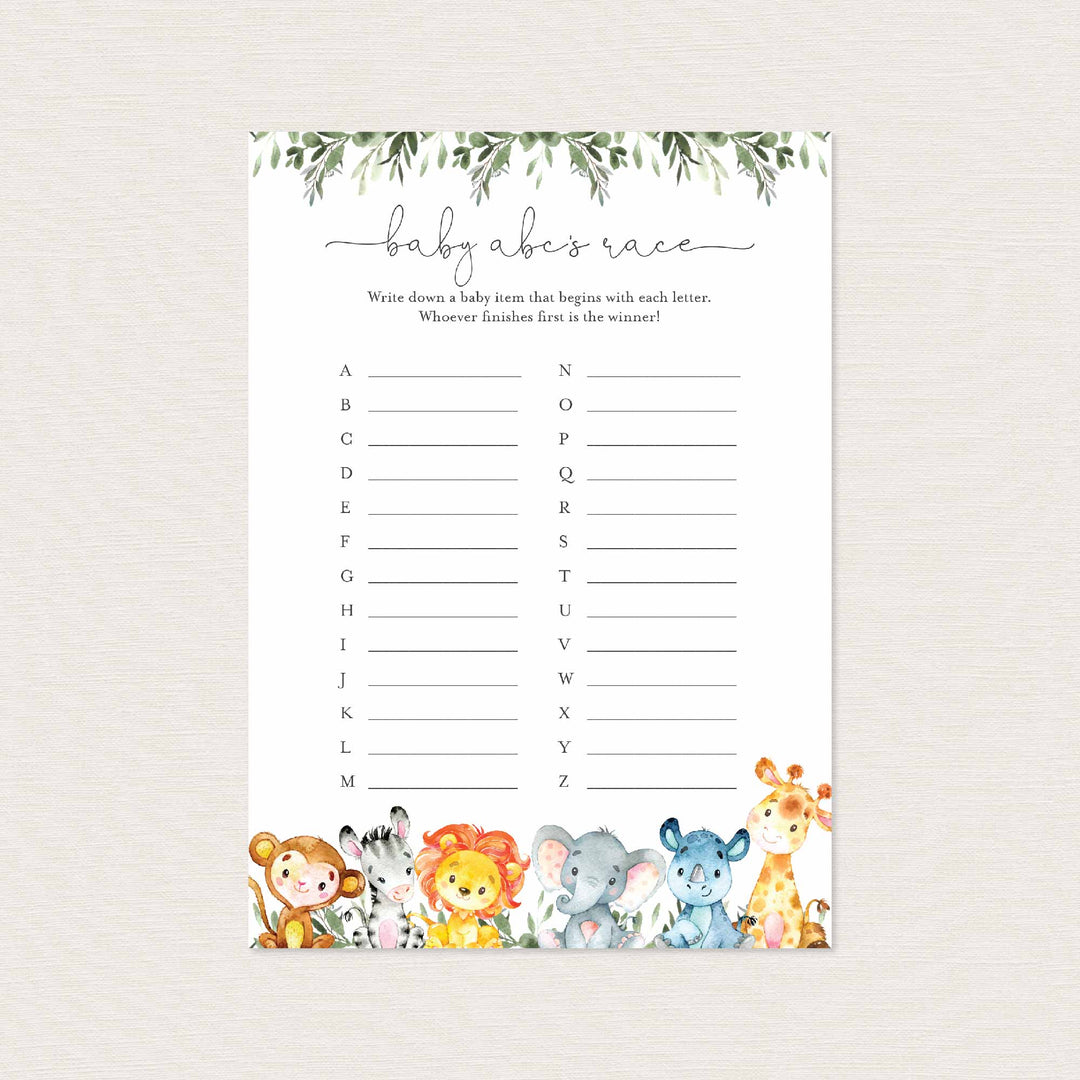 Jungle Animals Baby Shower ABC's Race Game Printable