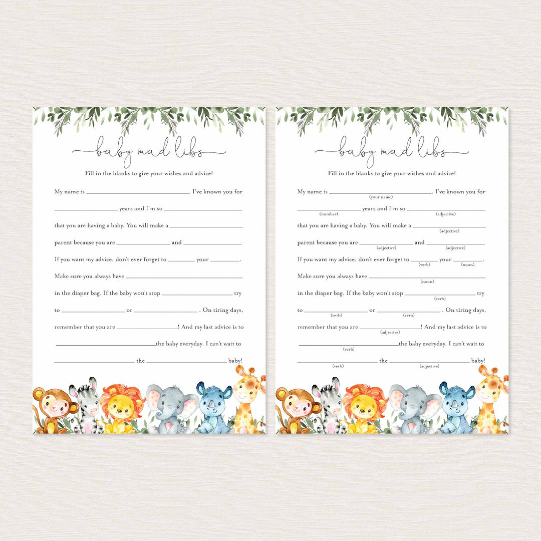 Jungle Animals Baby Shower Mad Libs Printable