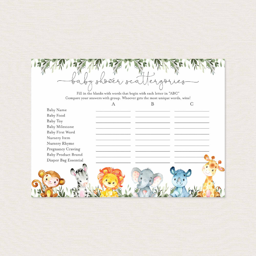 Jungle Animals Baby Shower Scattergories Game Printable