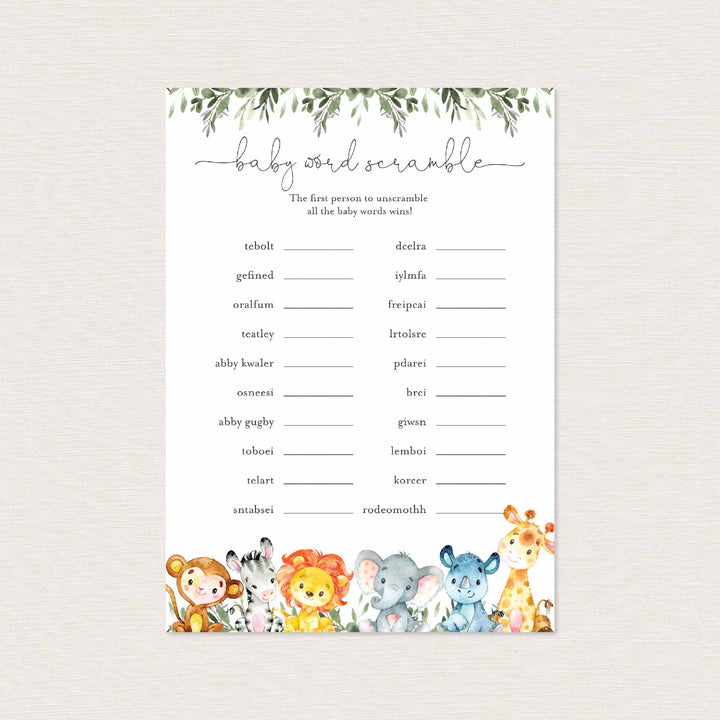 Jungle Animals Baby Shower Word Scramble Game Printable