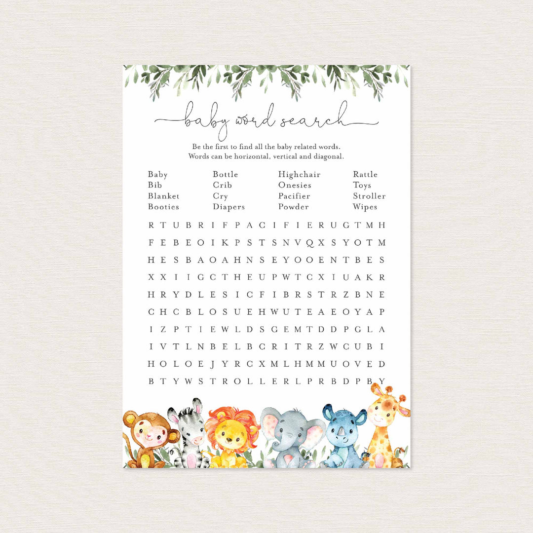 Jungle Animals Baby Shower Word Search Game Printable