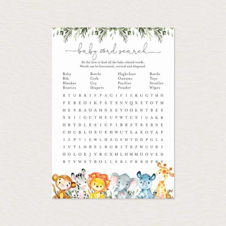 Jungle Animals Baby Shower Word Search Game Printable