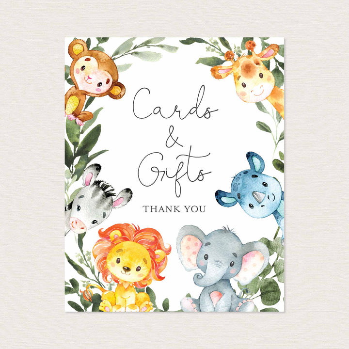 Jungle Animals Baby Shower Cards and Gifts Sign Printable