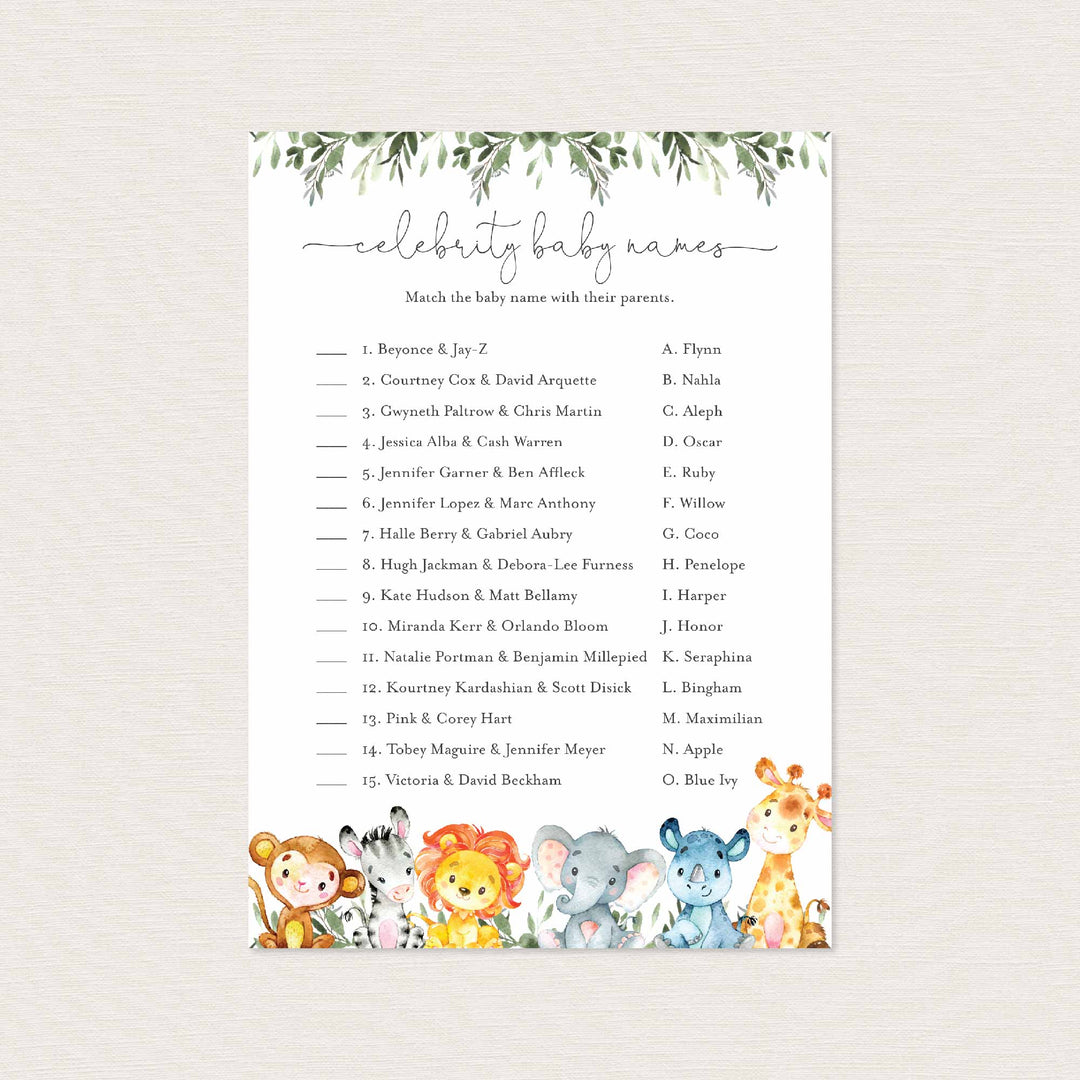 Jungle Animals Baby Shower Celebrity Baby Names Game Printable