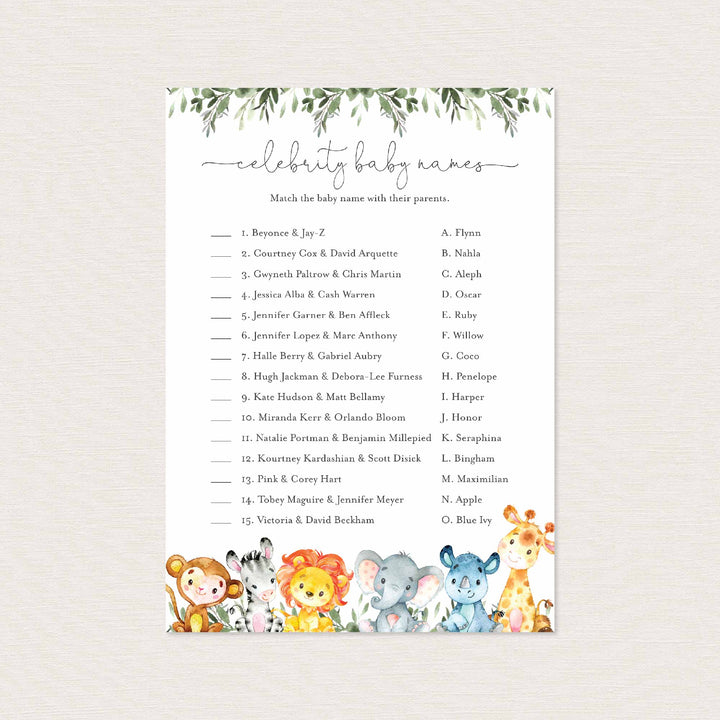 Jungle Animals Baby Shower Celebrity Baby Names Game Printable