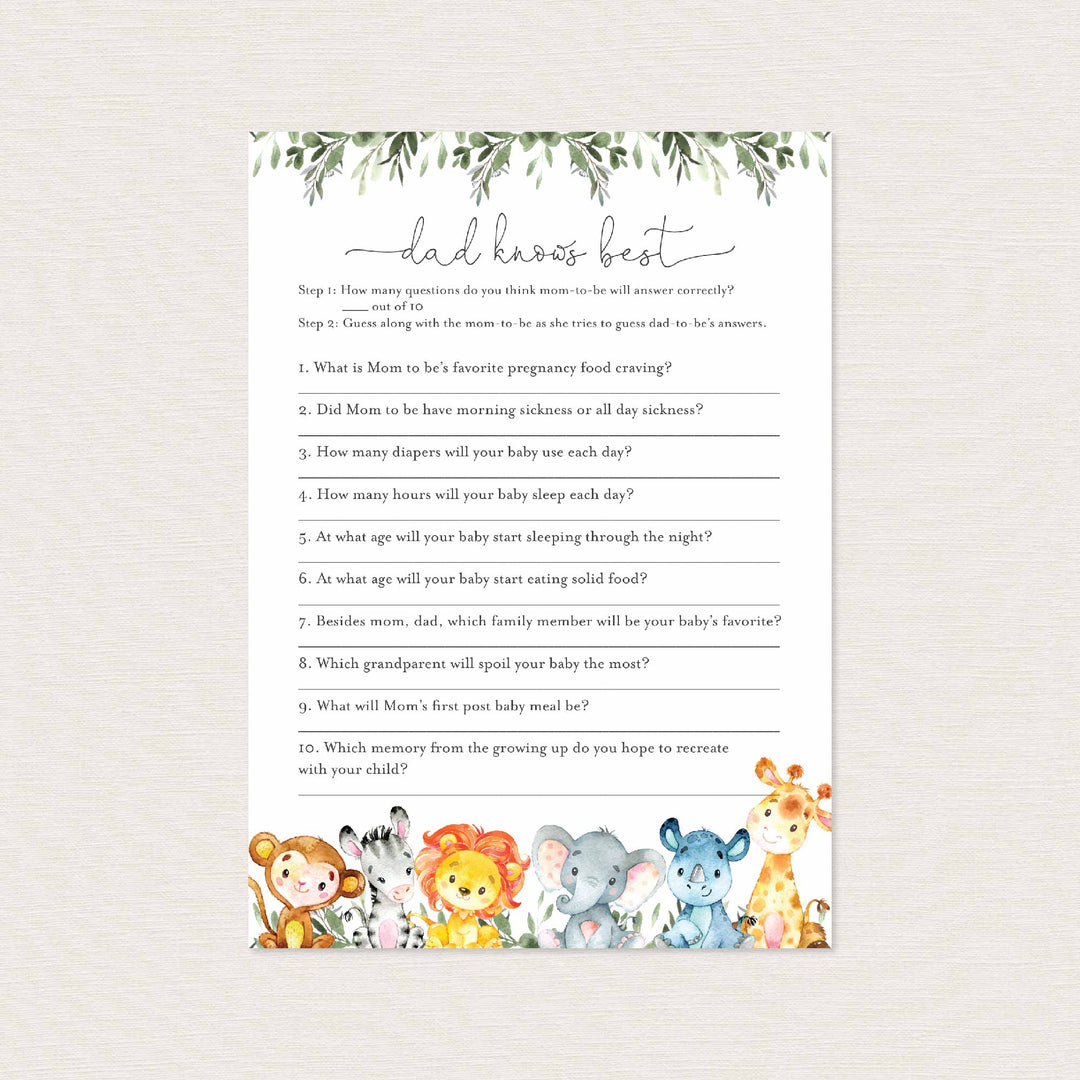 Jungle Animals Baby Shower Dad Knows Best Game Printable