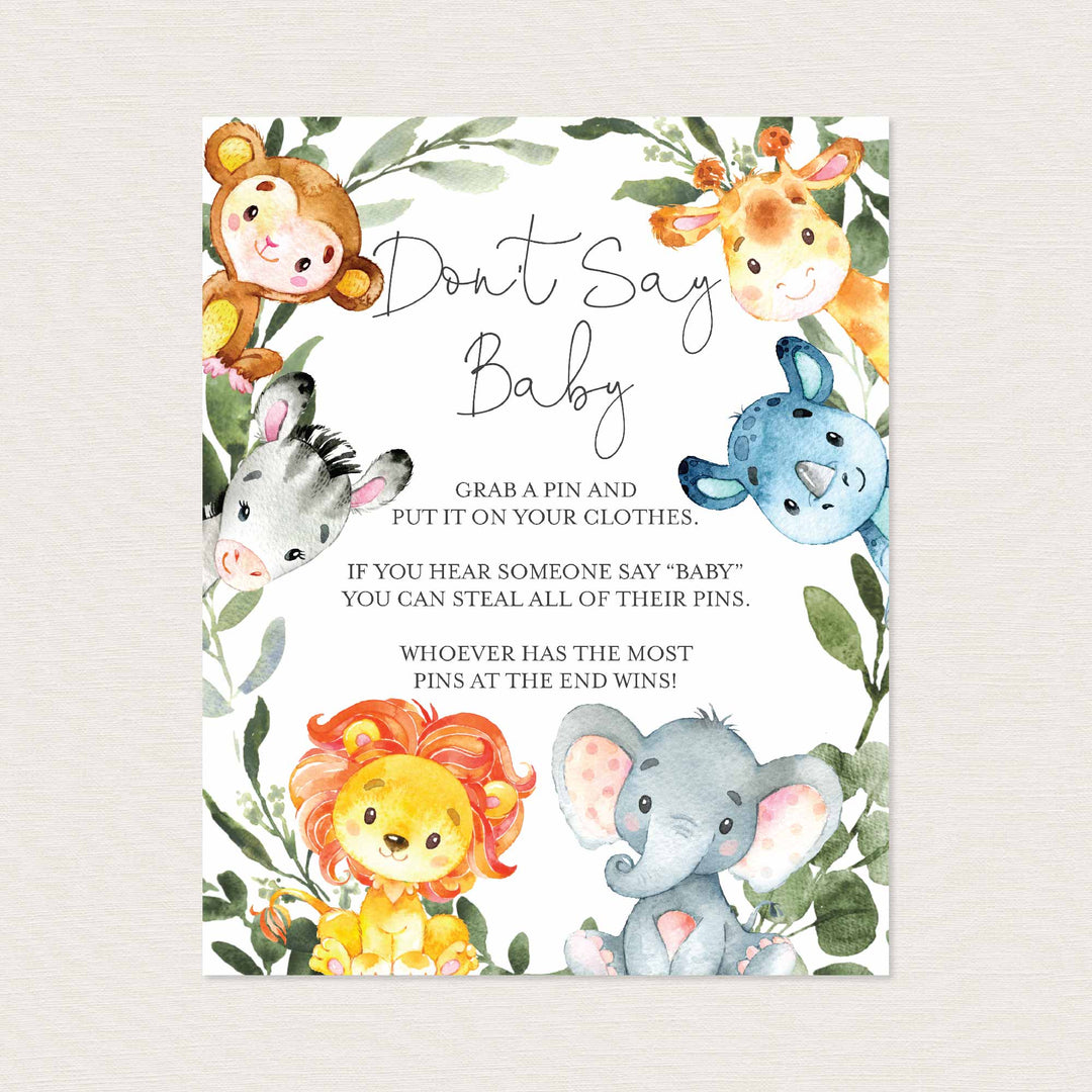 Jungle Animals Baby Shower Don't Say Baby Game Printable