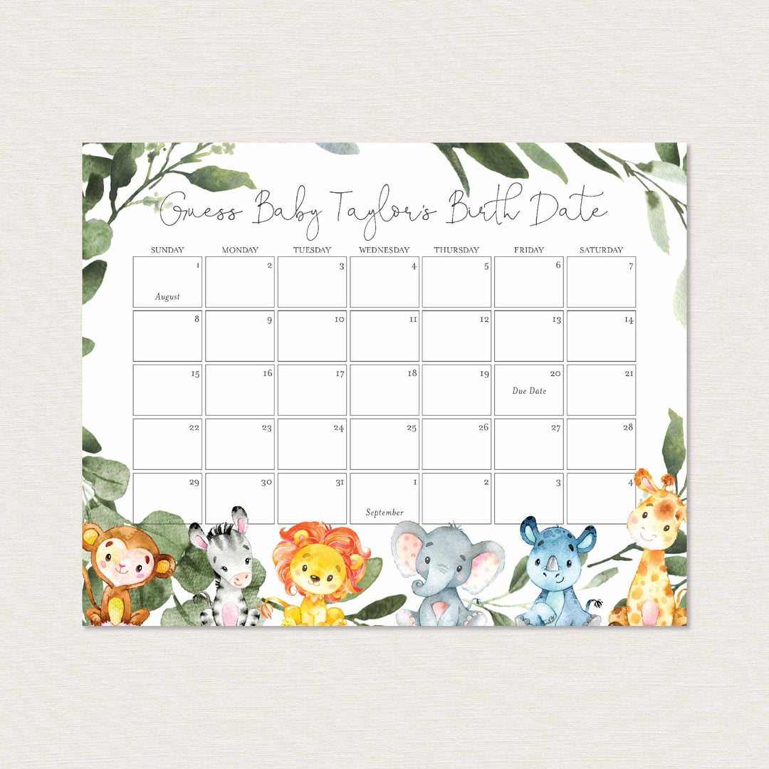 Jungle Animals Baby Shower Due Date Calendar Printable