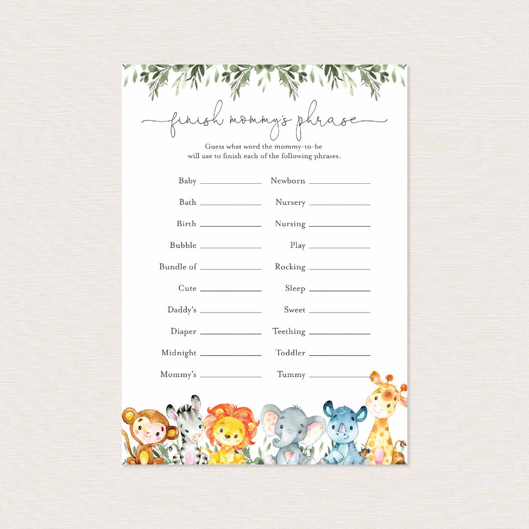 Jungle Animals Baby Shower Finish Mommy's Phrase Game Printable