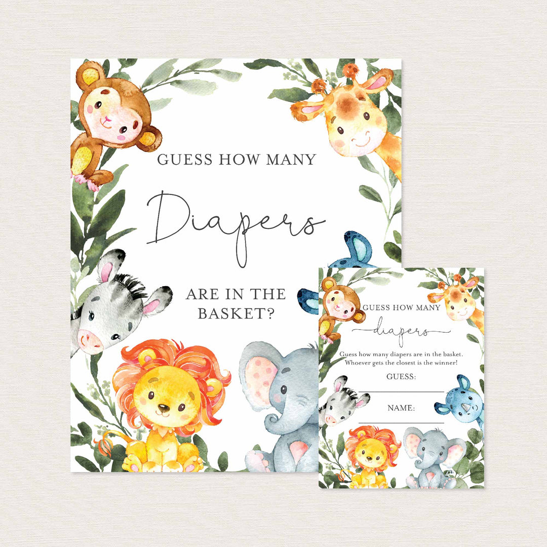 Jungle Animals Baby Shower Guess How Many Diapers Game Printable