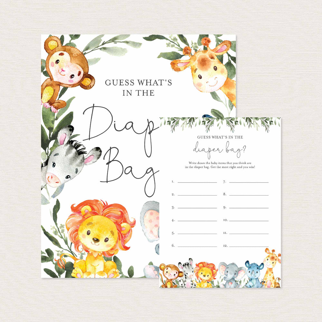 Jungle Animals Baby Shower Guess What's In The Diaper Bag Game Printable
