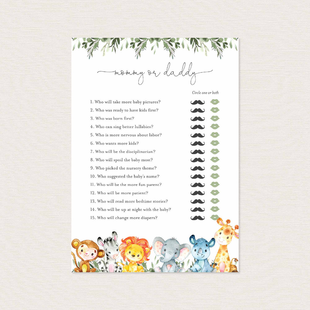 Jungle Animals Baby Shower Mummy or Daddy Game Printable
