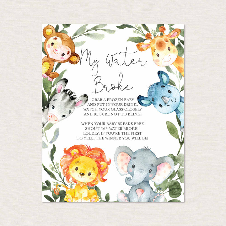 Jungle Animals Baby Shower My Water Broke Game Printable