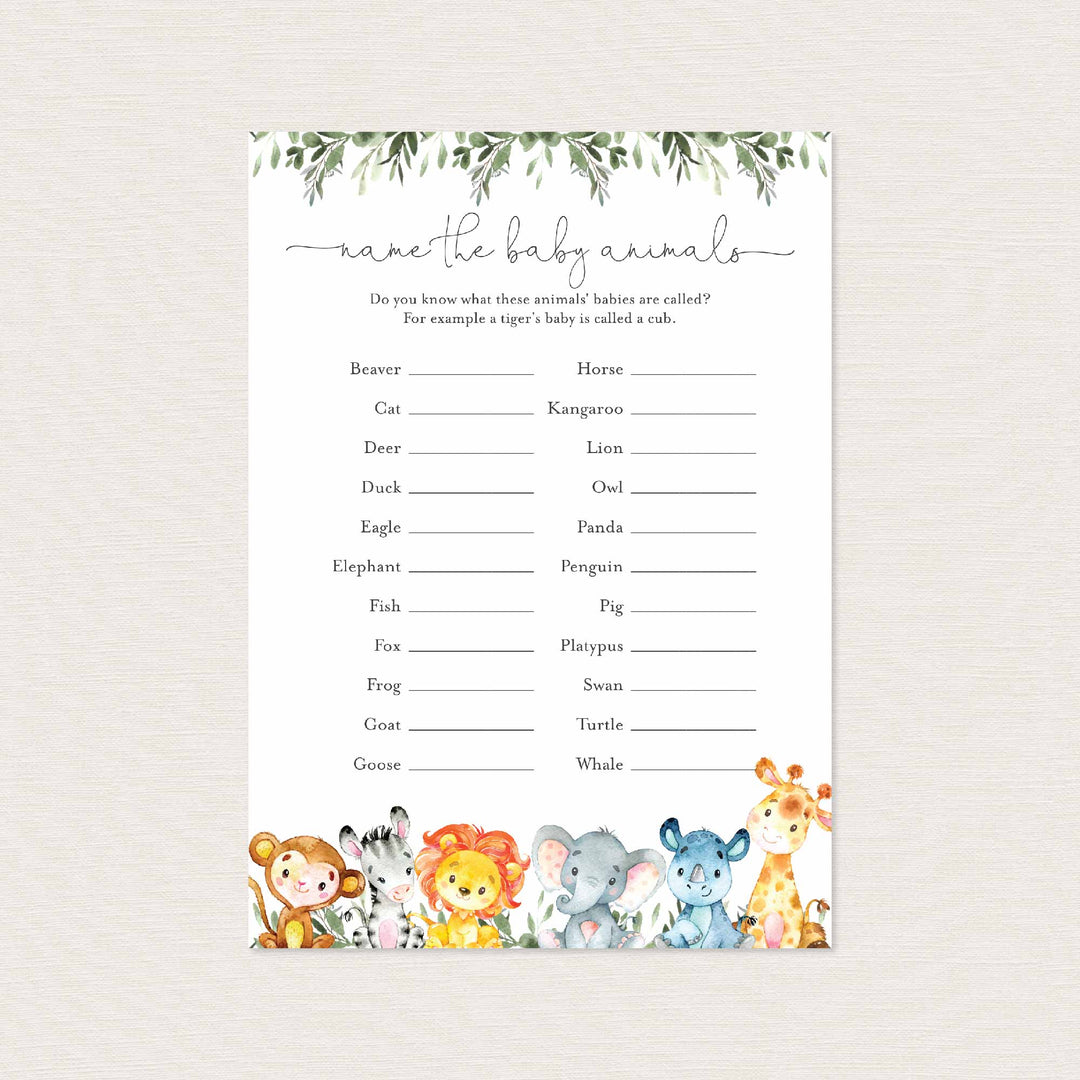 Jungle Animals Baby Shower Name The Baby Animals Game Printable
