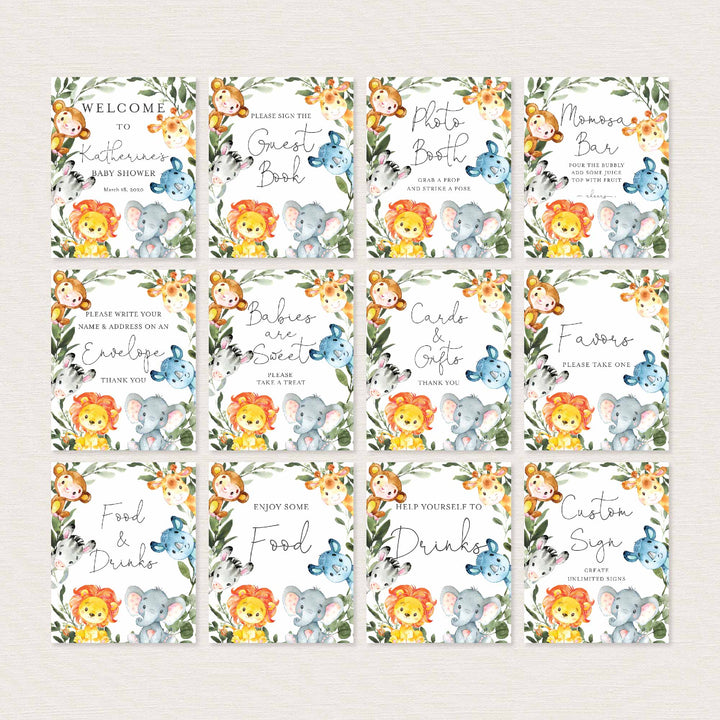 Jungle Animals Baby Shower Table Signs Bundle Printable