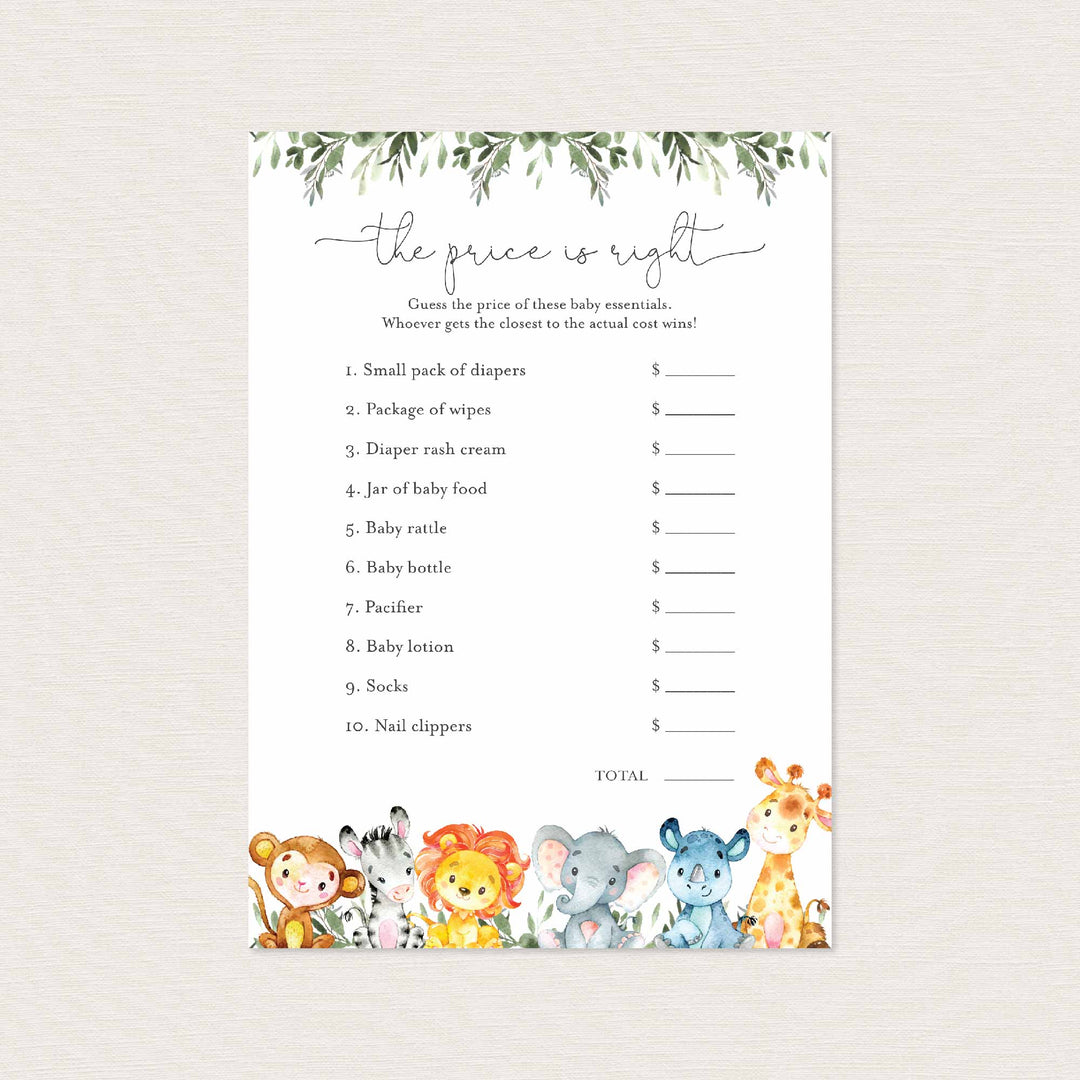 Jungle Animals Baby Shower The Price Is Right Game Printable