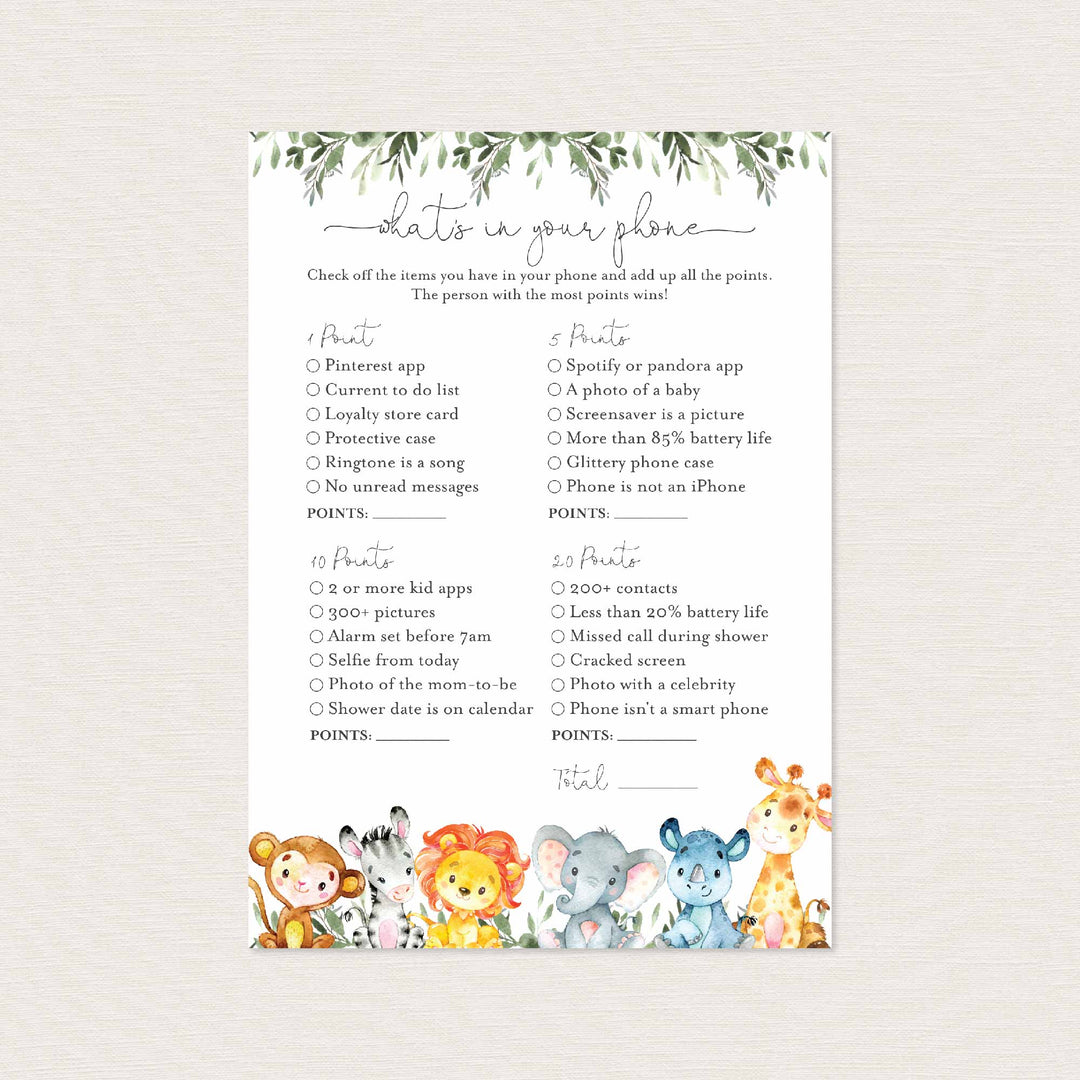 Jungle Animals Baby Shower What's In Your Phone Game Printable