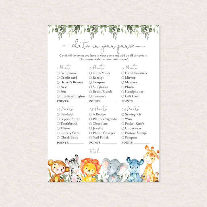 Jungle Animals Baby Shower What's In Your Purse Game Printable