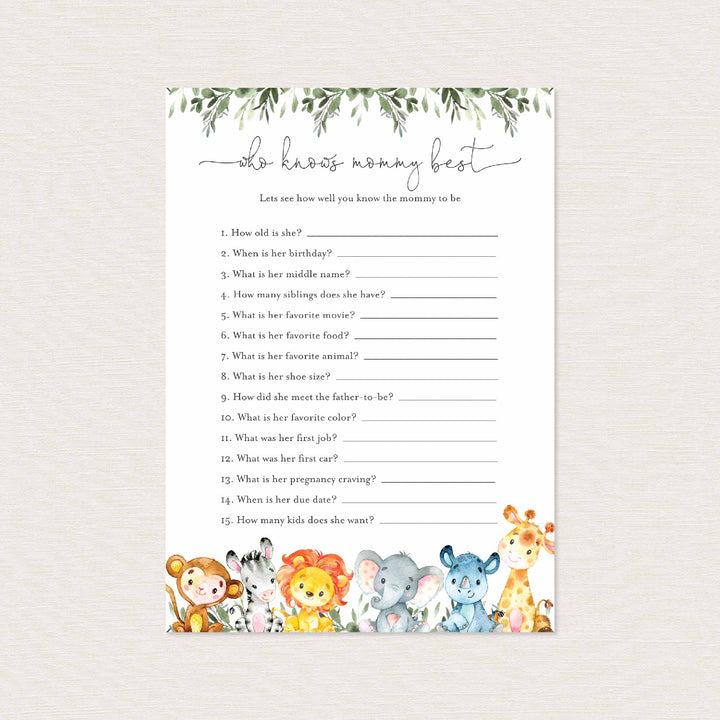 Jungle Animals Baby Shower Who Knows Mummy Best Game Printable