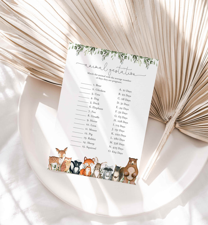 Woodland Animals Baby Shower Animal Gestation Game Printable