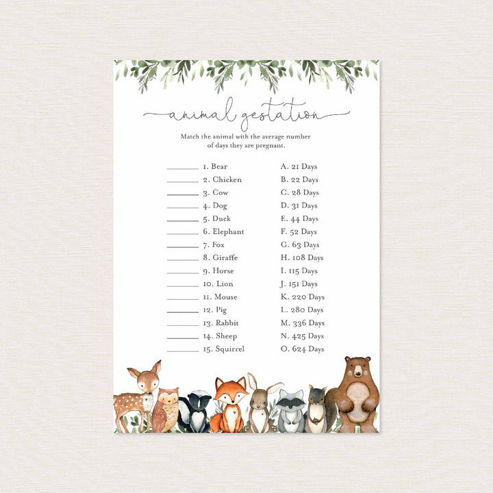 Woodland Animals Baby Shower Animal Gestation Game Printable