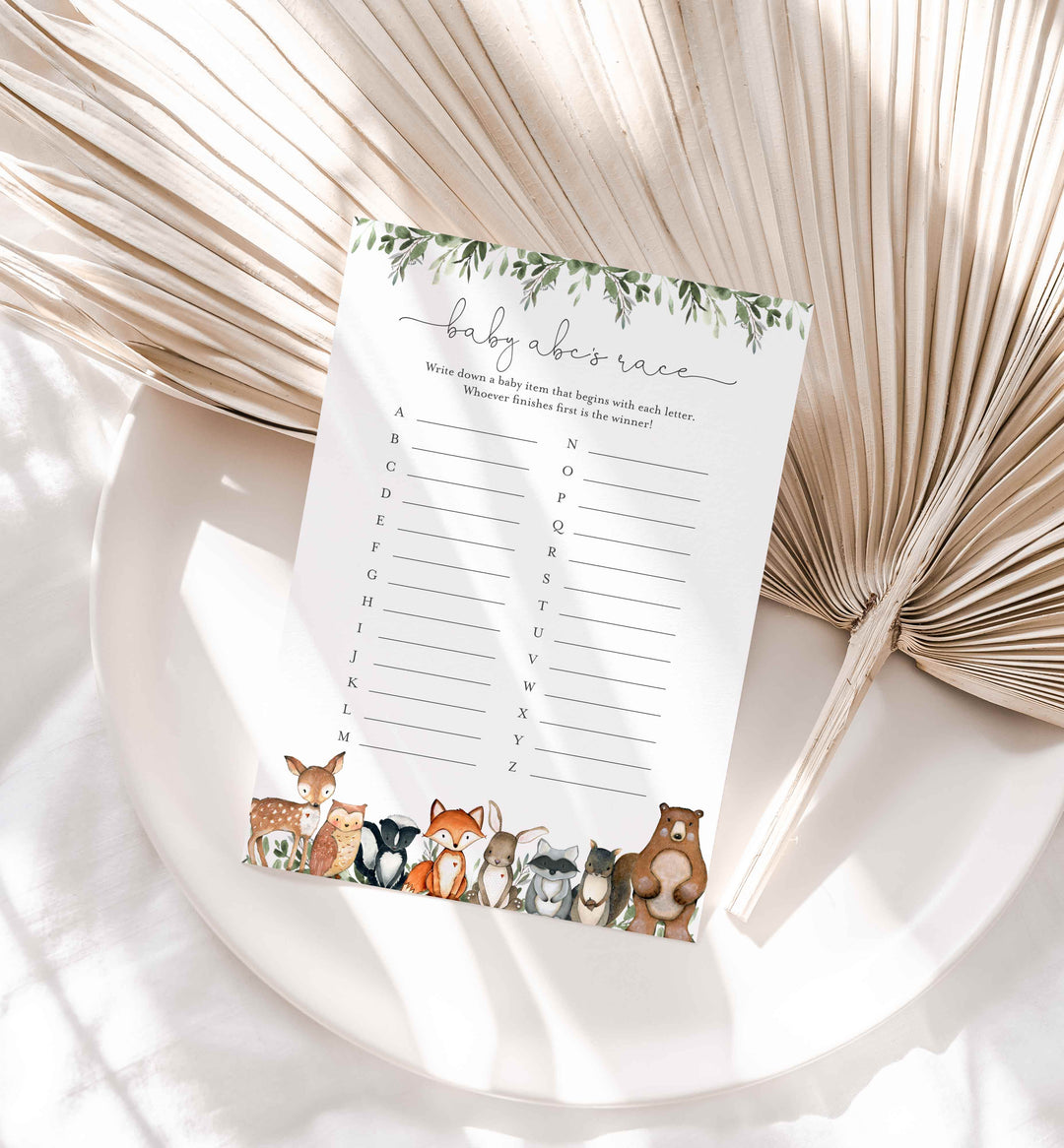 Woodland Animals Baby Shower ABC's Race Game Printable