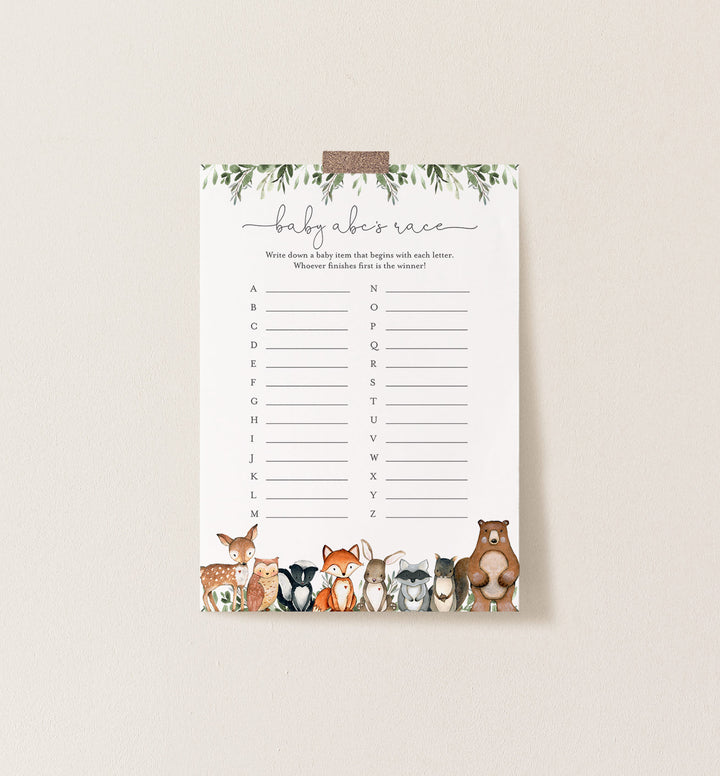 Woodland Animals Baby Shower ABC's Race Game Printable